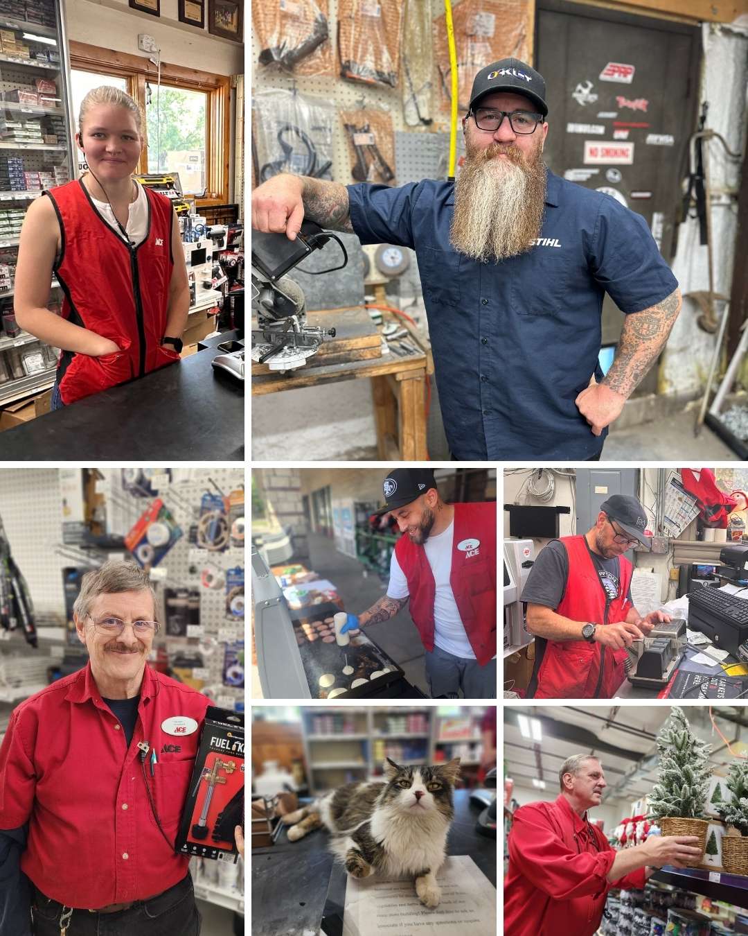Collage of Timberline Ace Hardware community and employees