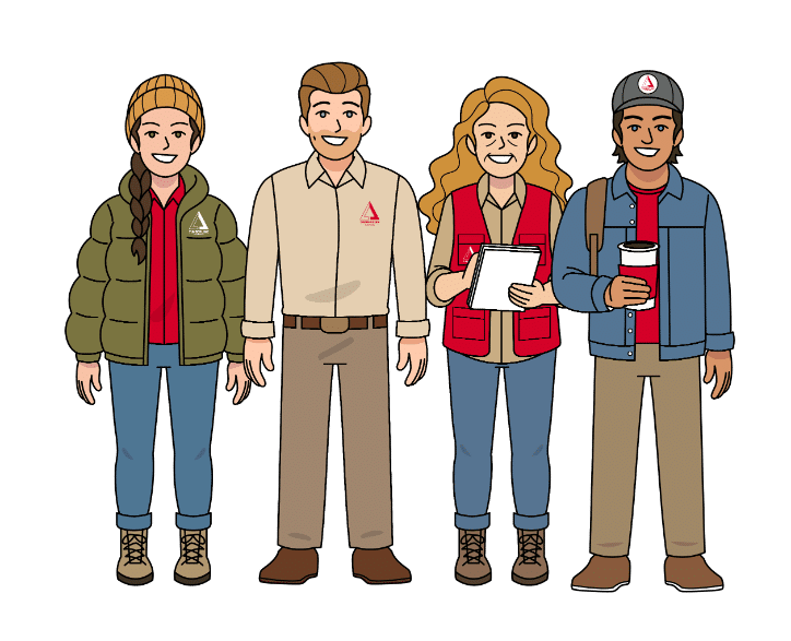 A friendly group of four Timberline Ace team members standing together. The group includes two men and two women wearing professional work attire, including a tan button-down shirt with the Timberline logo, a red utility vest, and a rugged outdoor jacket, representing the diverse expertise of the local Colorado B2B Pro Team.