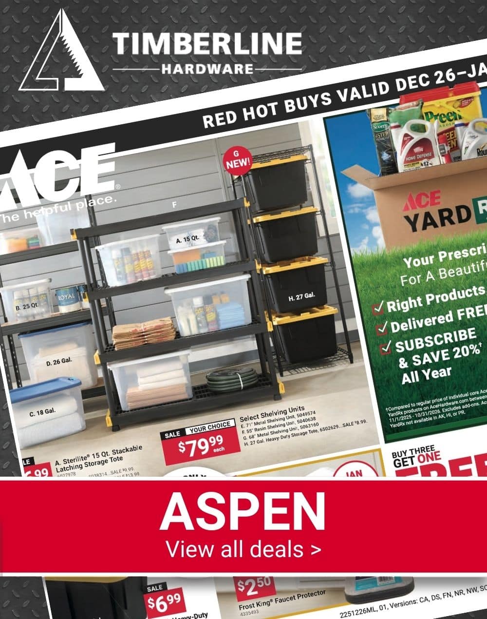 Timberline Ace Hardware Aspen Red Hot Buys flyer featuring storage totes, shelving units, yard care products, and winter essentials with sale pricing.