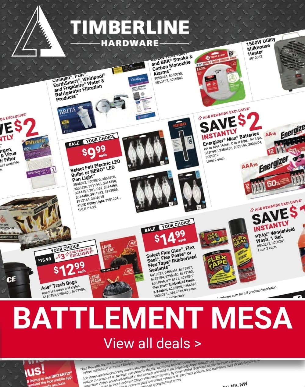 Timberline Ace Hardware Battlement Mesa Red Hot Buys ad showcasing batteries, LED bulbs, heaters, trash bags, and winter home maintenance deals.