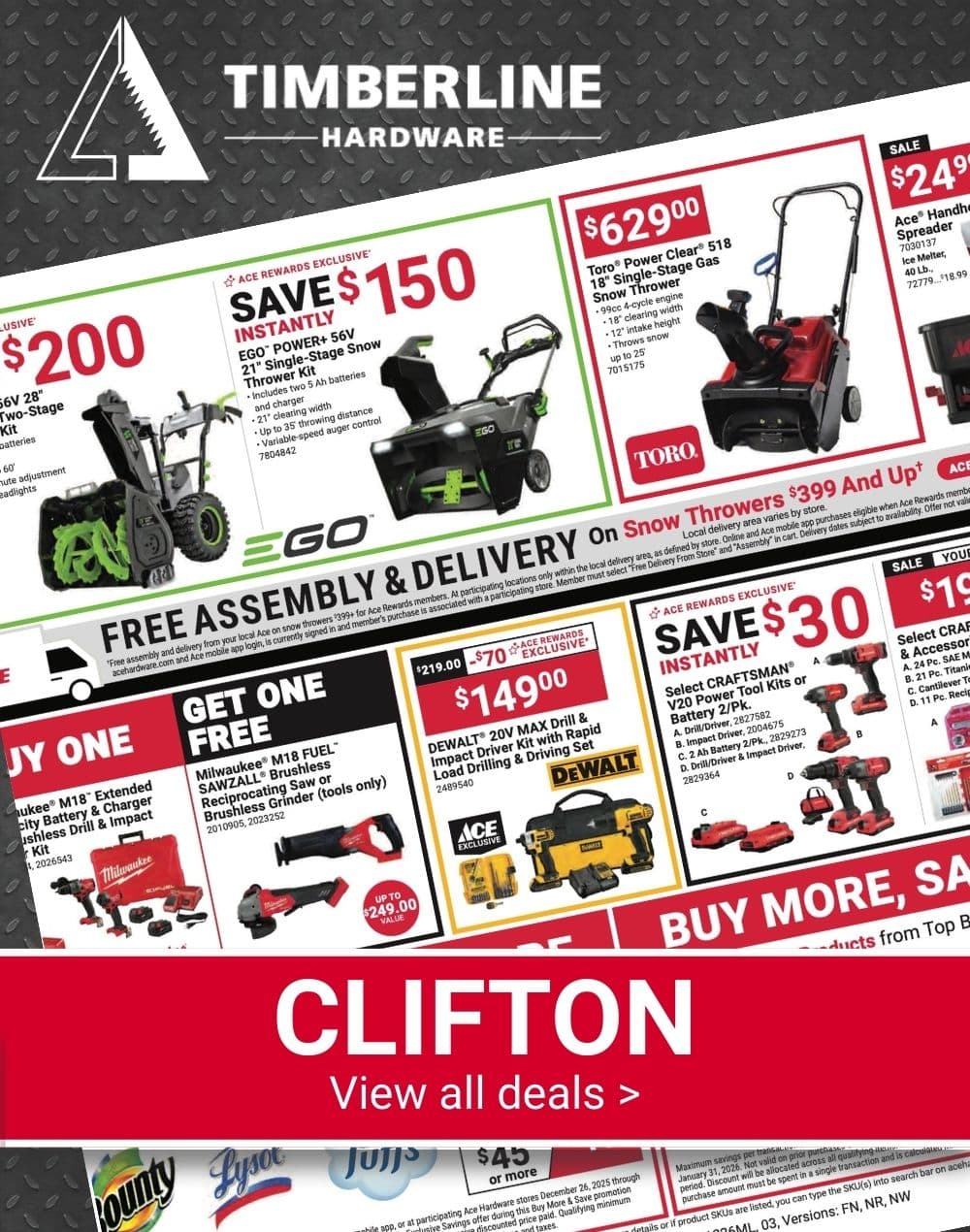 Timberline Ace Hardware Clifton Red Hot Buys promotion featuring snow blowers, power tools, heaters, and seasonal winter equipment deals.