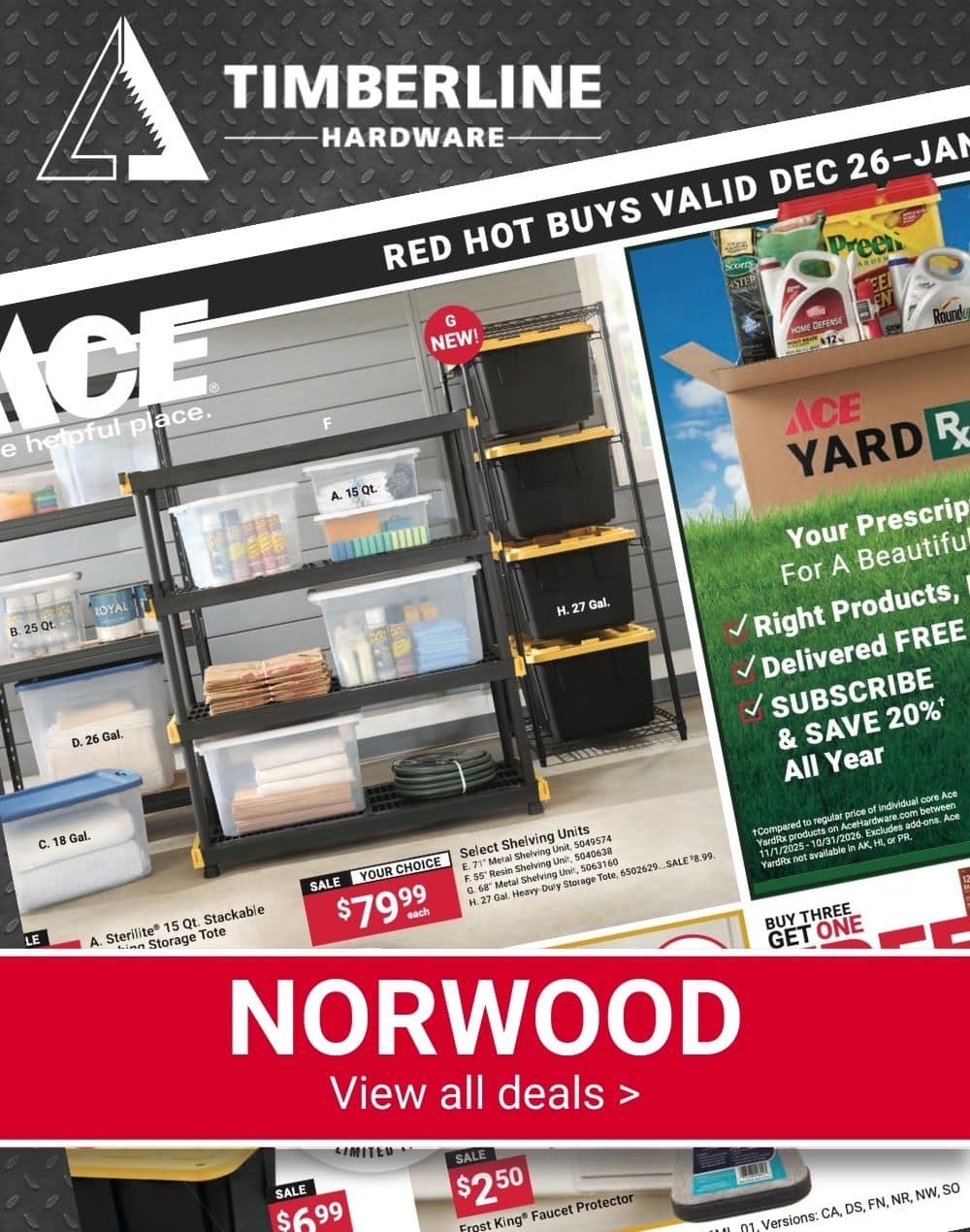 Timberline Ace Hardware Norwood Red Hot Buys flyer displaying storage solutions, yard care items, and winter-ready household products on sale.