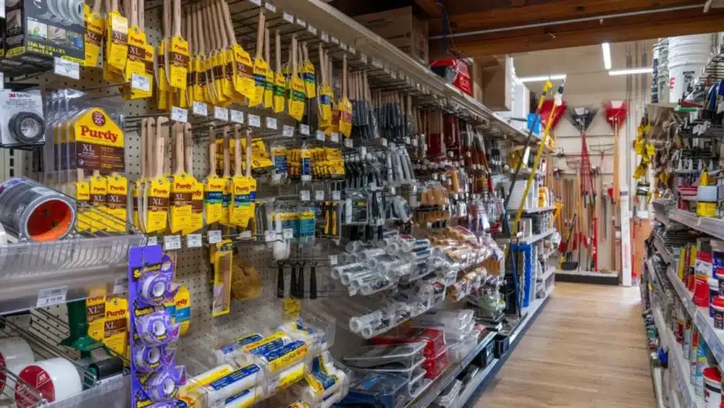 Selection of professional paint brushes and rollers on the shelf at Timberline Ace Hardware
