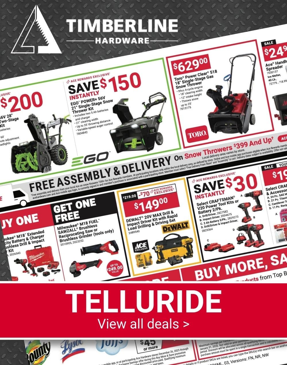 Timberline Ace Hardware Telluride Red Hot Buys ad showcasing snow blowers, power tool kits, winter gear, and limited-time hardware savings.