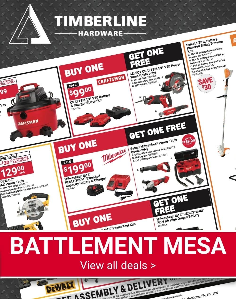 Timberline Ace Hardware battlement mesa Red Hot Buys flyer featuring power tools with sale pricing.