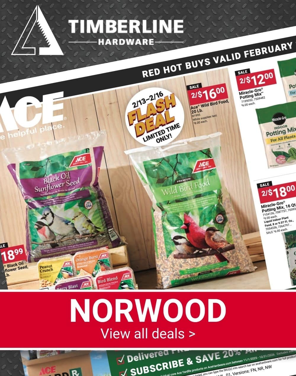 Timberline Ace Hardware Norwood Red Hot Buys flyer featuring wild bird food and more with sale pricing.