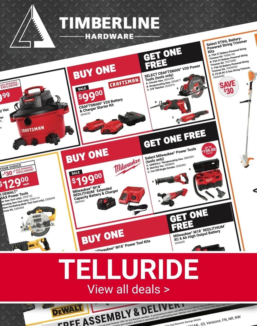Timberline Ace Hardware Telluride Red Hot Buys flyer featuring milwaukee and sthil power tools with sale pricing.