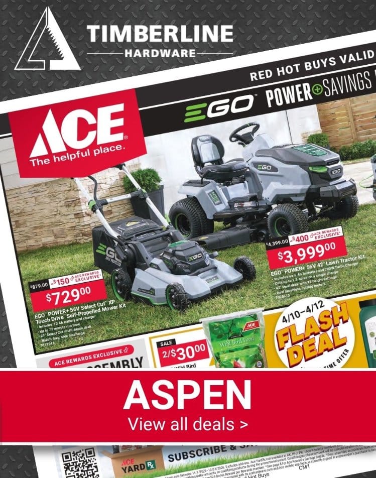 Timberline Ace Hardware Aspen Red Hot Buys featuring EGO lawn mowers, trimmers, and outdoor power equipment.