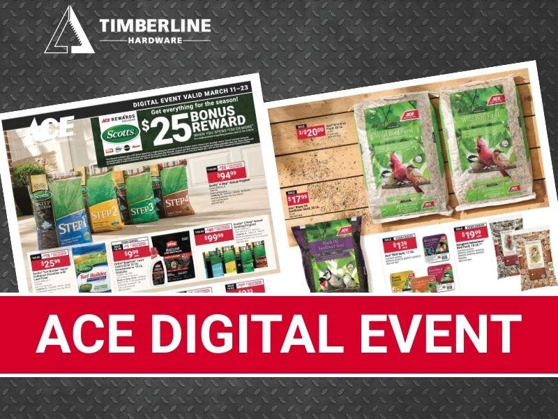 Timberline Hardware Ace Digital Event graphic highlighting bird seed, lawn care products, and seasonal spring deals.