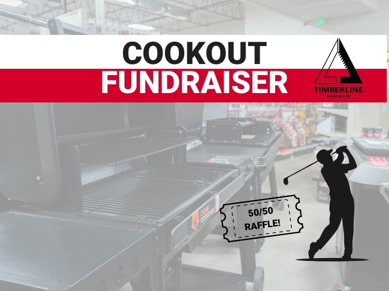 Community cookout fundraiser at Timberline Ace of Battlement Mesa, Colorado with grill display background and 50/50 raffle supporting local youth golf athlete.