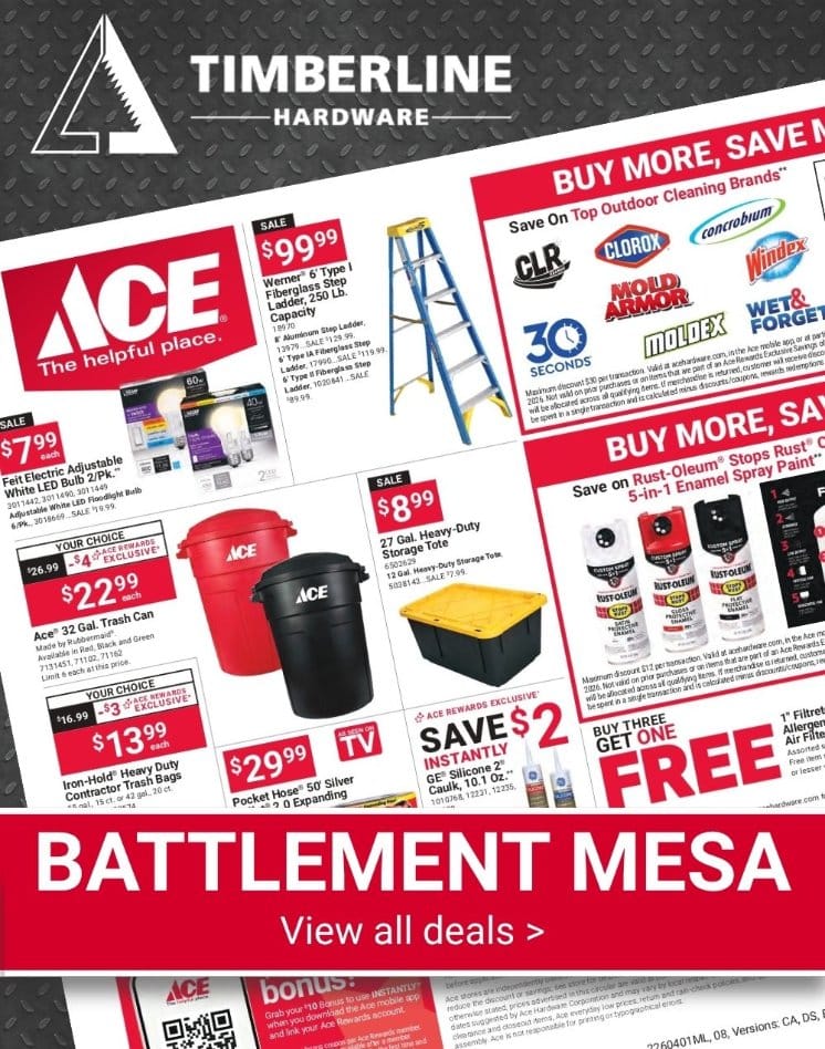 Timberline Ace Hardware Battlement Mesa Red Hot Buys featuring cleaning supplies, storage totes, and home essentials.
