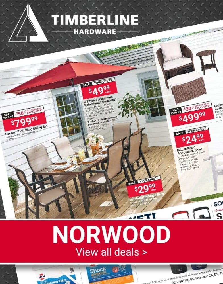 Timberline Ace Hardware Norwood Red Hot Buys featuring patio furniture, outdoor seating, and backyard essentials.