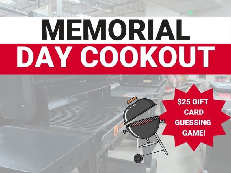 Graphic promoting a Memorial Day cookout with grills in store and a $25 gift card guessing game