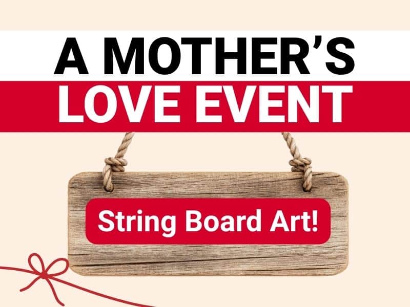 Graphic promoting a Mother’s Day event in Battlement Mesa, Colorado featuring string board art with a wooden hanging sign design