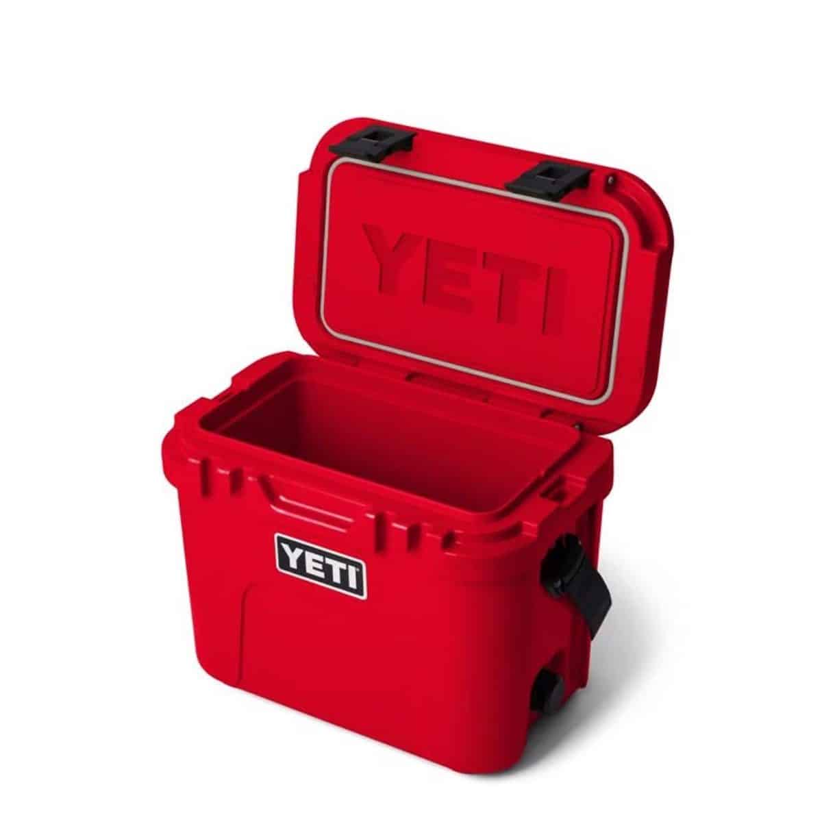 Red YETI hard cooler open for outdoor use and storage
