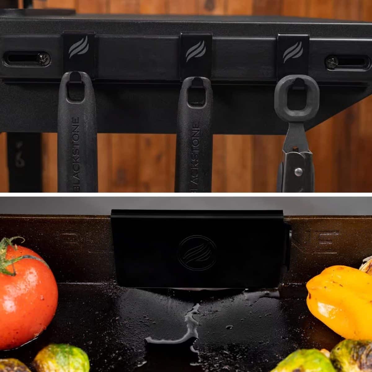 Grill tools and accessories hanging on outdoor grill station