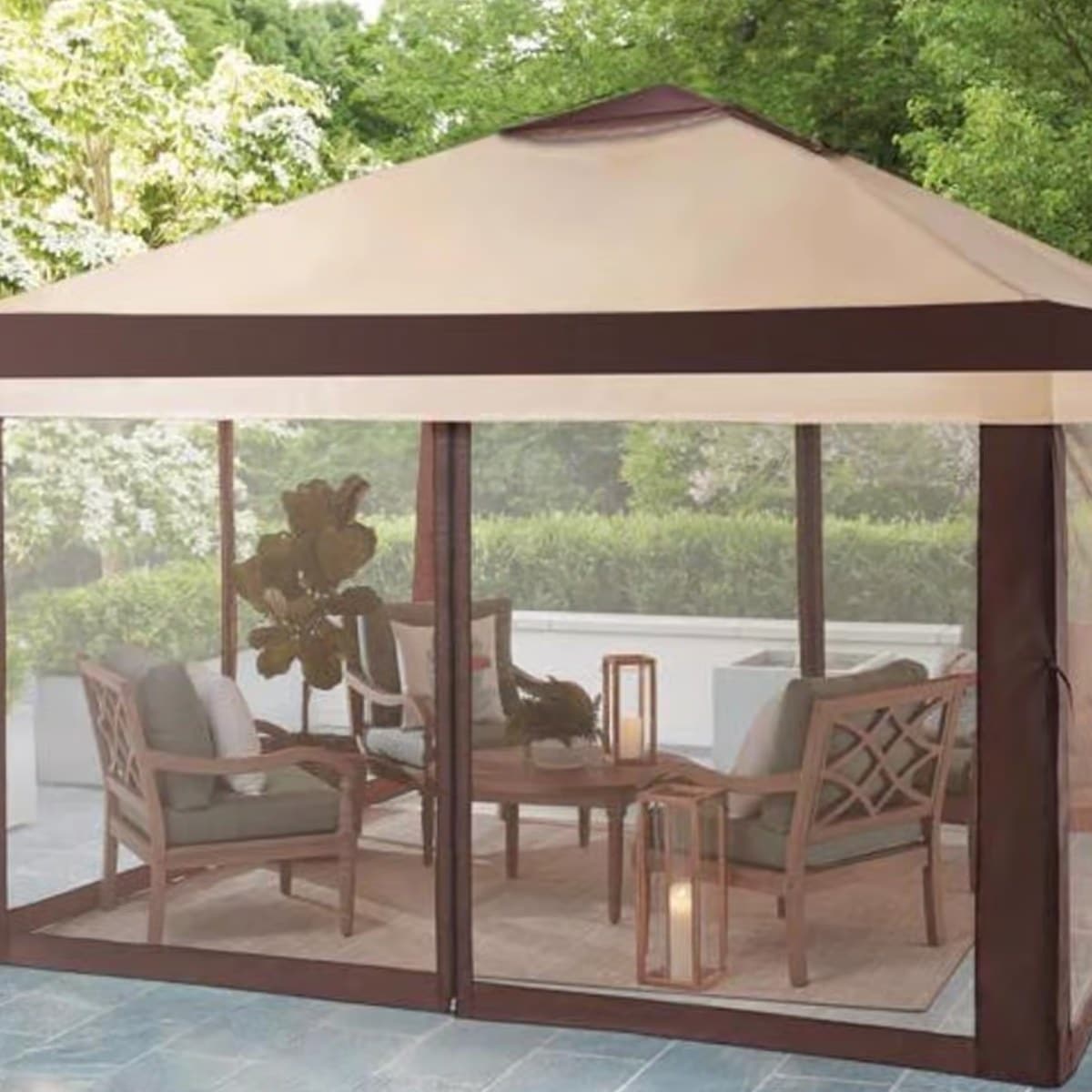 Outdoor gazebo canopy with seating area for shaded backyard space