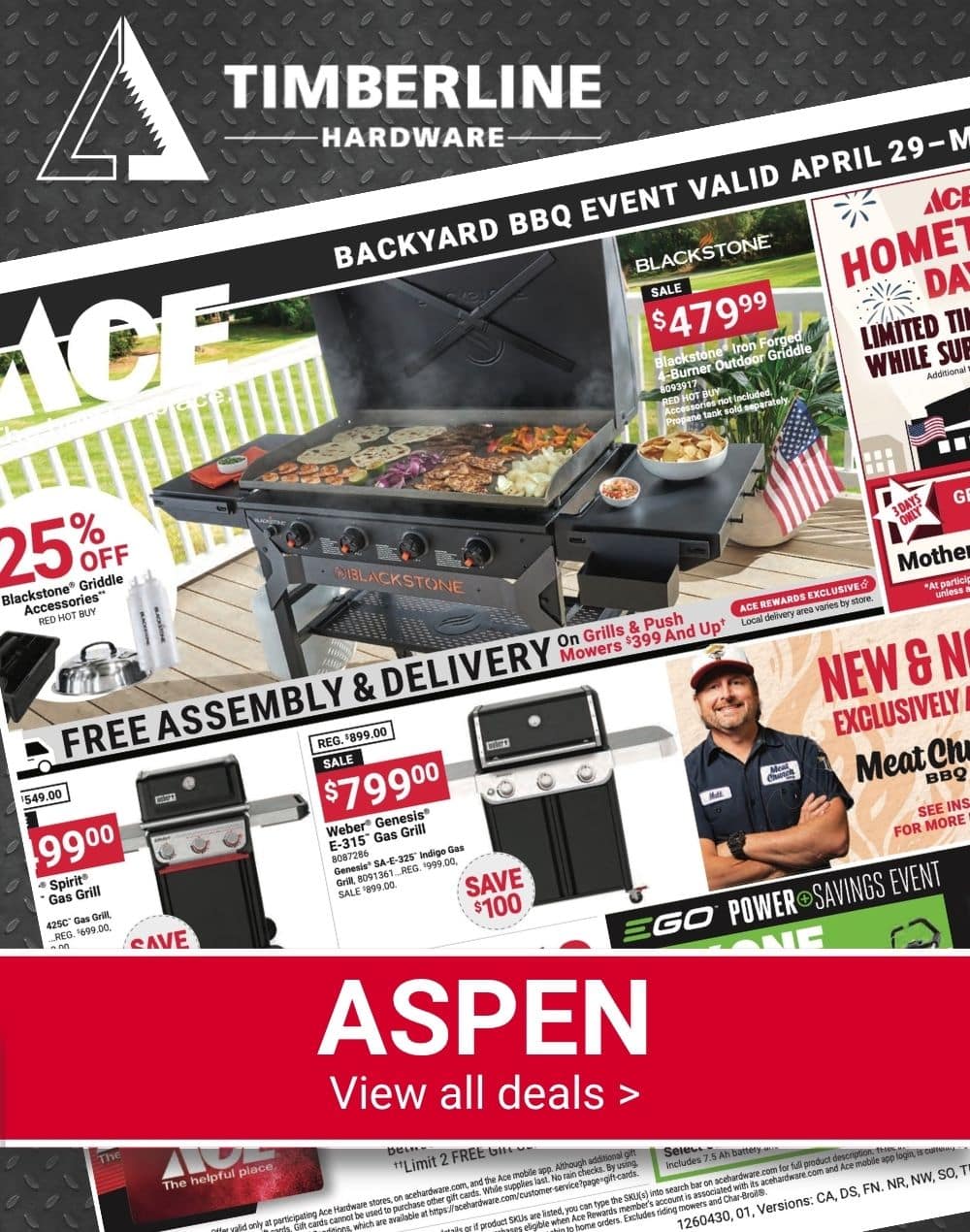 Timberline Ace Hardware Backyard BBQ Event featuring EGO lawn mowers, trimmers, and outdoor power equipment.