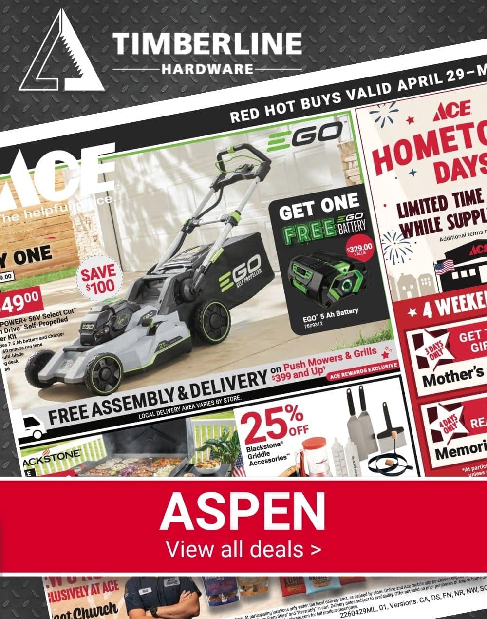 Timberline Ace Hardware Aspen Red Hot Buys featuring EGO lawn mowers, trimmers, and outdoor power equipment.