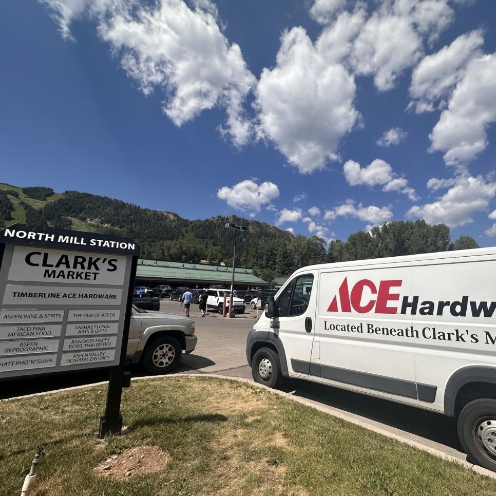 Timberline Ace Hardware of Aspen delivery van outside Clark’s Market in Aspen, Colorado