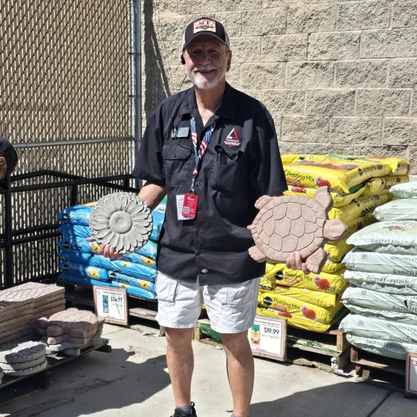 Decorative turtle and flower pavers displayed at Timberline Ace Hardware of Battlement Mesa