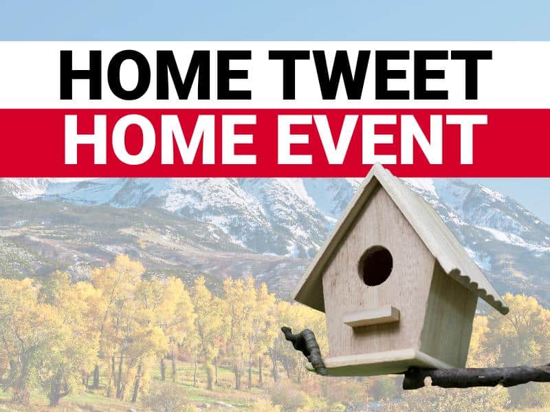 Home Tweet Home event graphic featuring a wooden birdhouse with mountain scenery background promoting a birdhouse building event at Timberline Ace Hardware of Battlement Mesa.