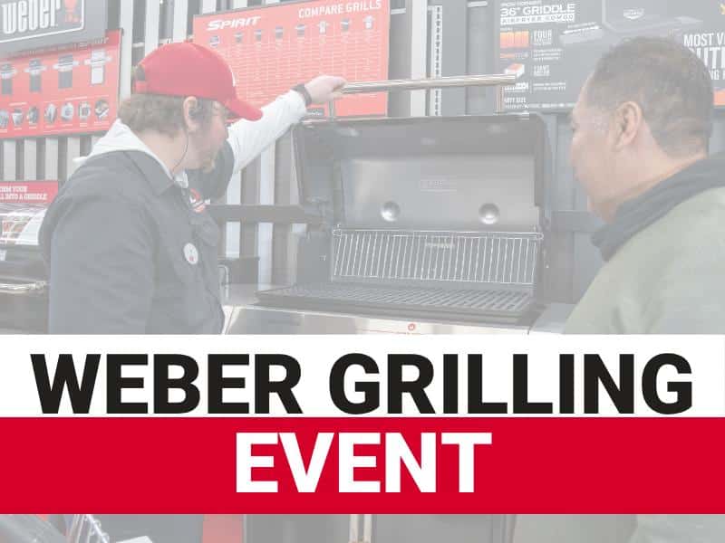 Weber grilling event graphic featuring a customer and team member looking at a Weber grill during an in-store grilling demonstration.