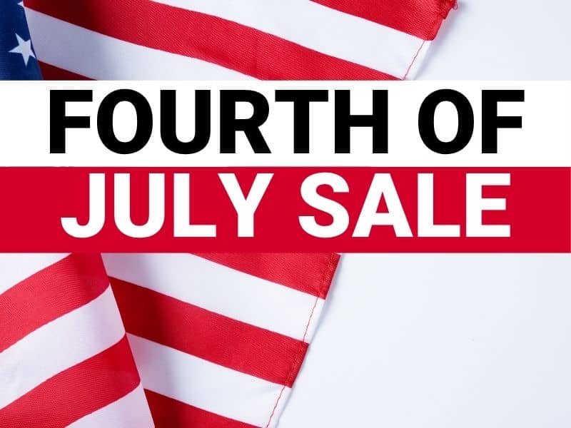 Fourth of July event graphic featuring American flags promoting holiday events and savings at Timberline Ace Hardware.