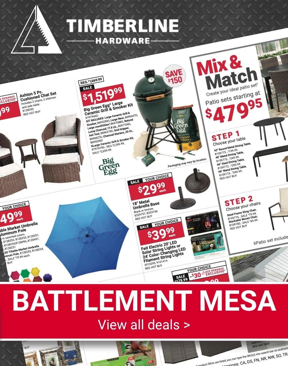 Timberline Ace Hardware Backyard BBQ Event featuring EGO lawn mowers, trimmers, and outdoor power equipment.