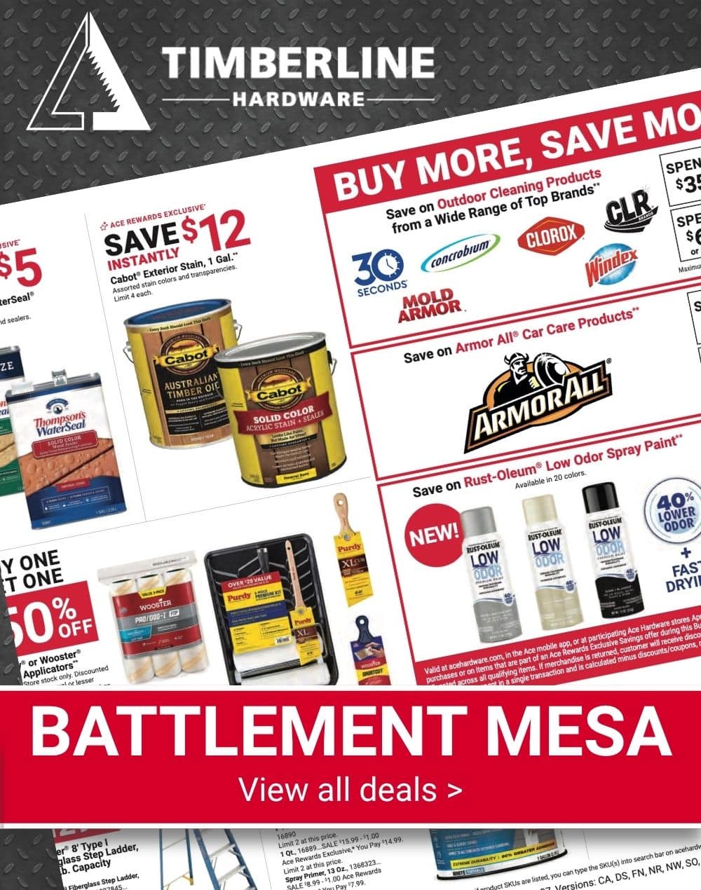 Timberline Ace Hardware Battlement Mesa Red Hot Buys featuring EGO lawn mowers, trimmers, and outdoor power equipment.