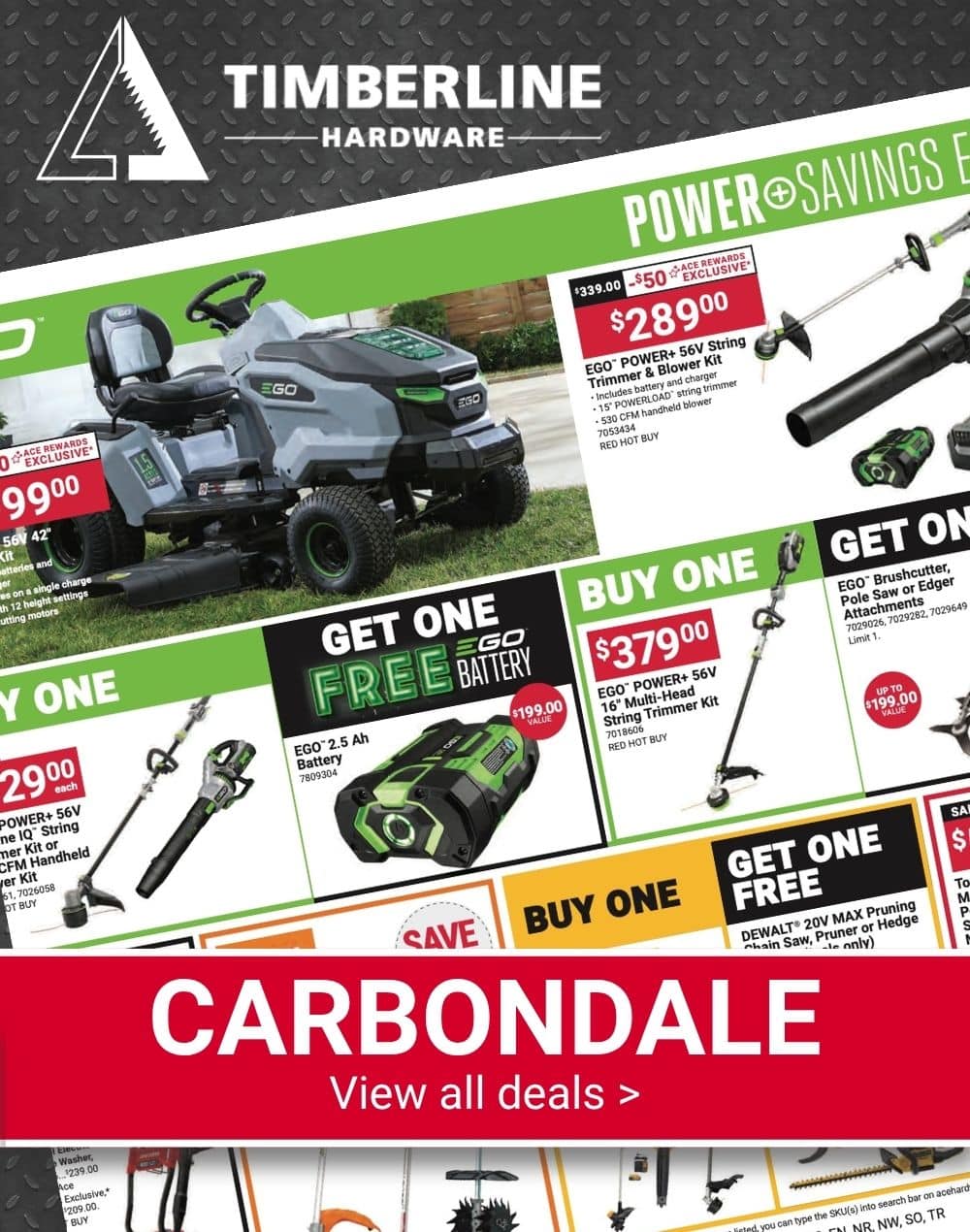 Timberline Ace Hardware Backyard BBQ Event featuring EGO lawn mowers, trimmers, and outdoor power equipment.