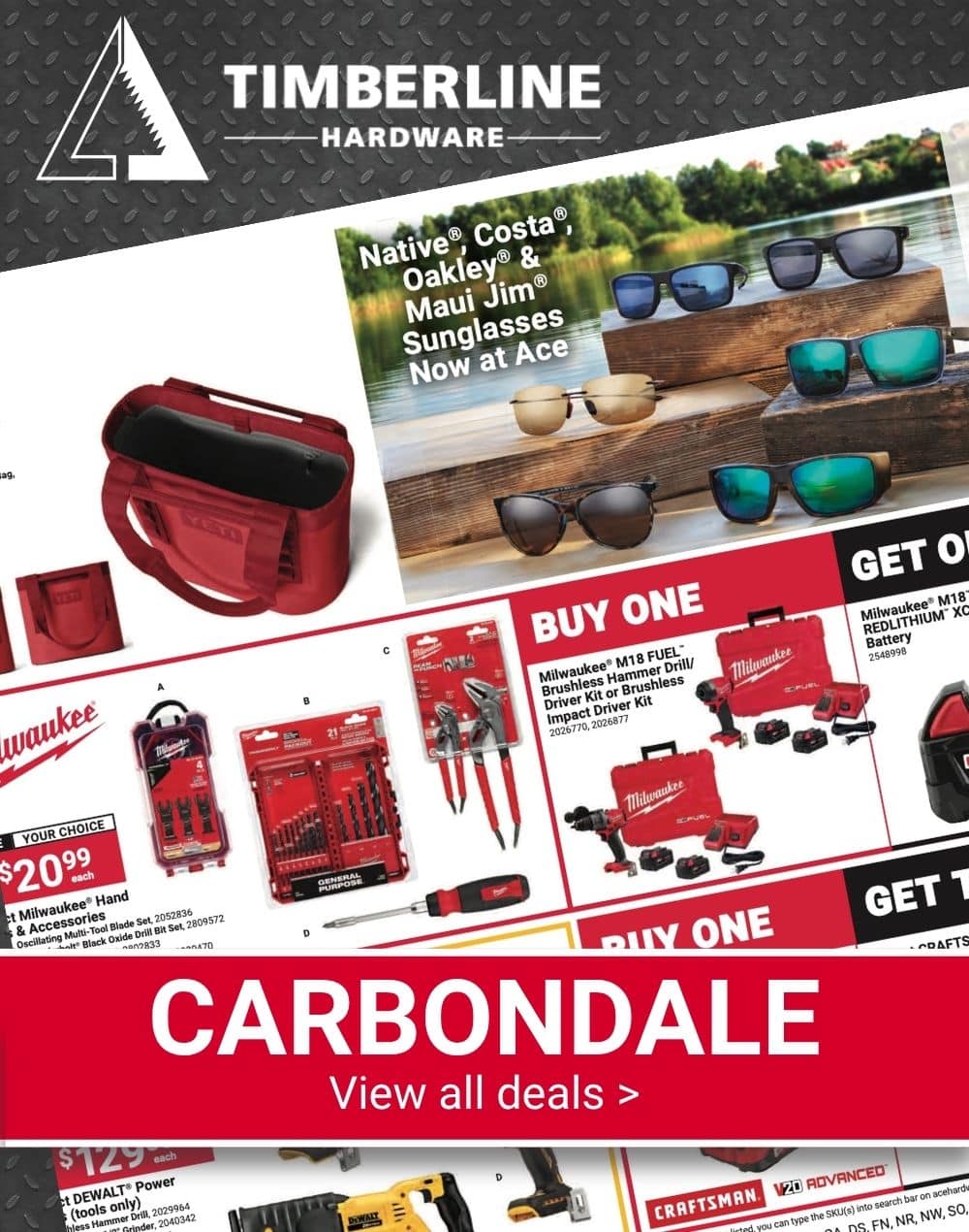 Timberline Ace Hardware Carbondale Red Hot Buys featuring EGO lawn mowers, trimmers, and outdoor power equipment.