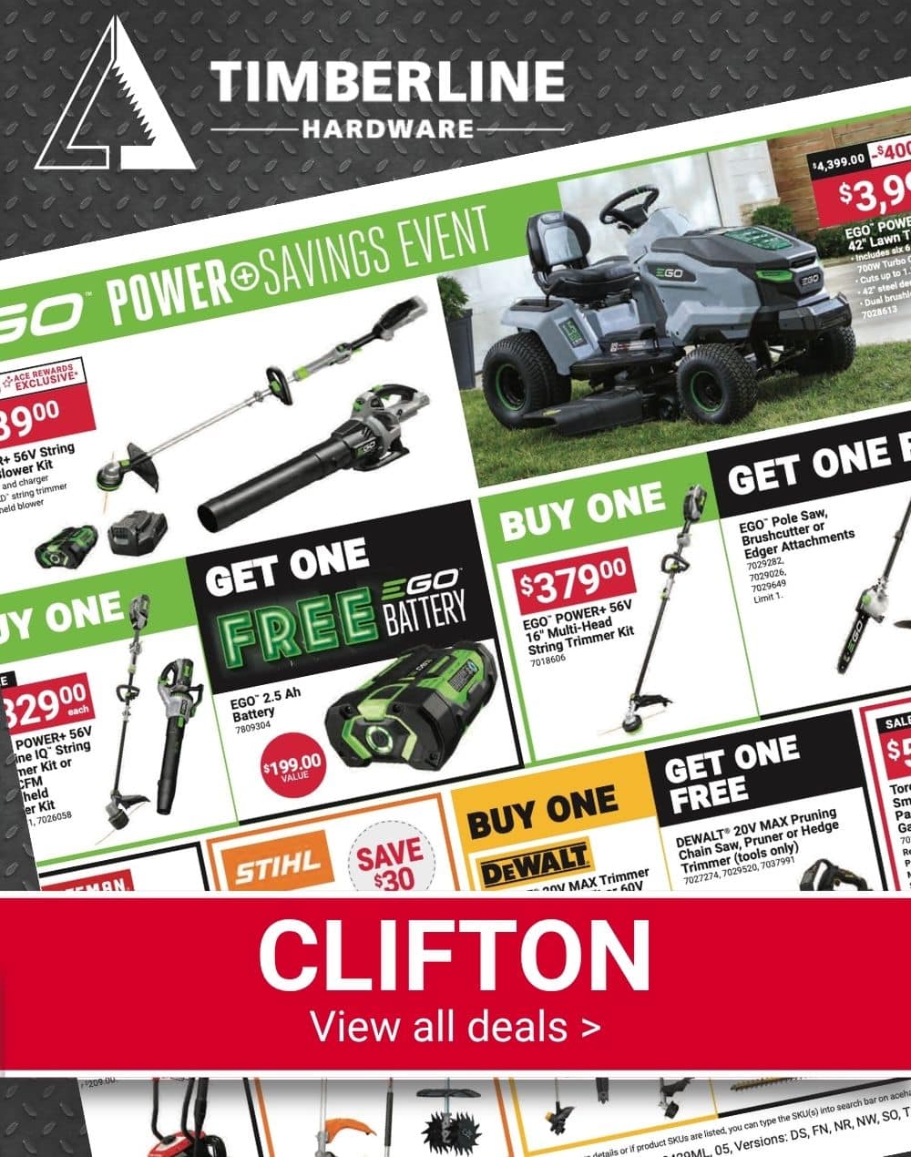 Timberline Ace Hardware Clifton Red Hot Buys featuring EGO lawn mowers, trimmers, and outdoor power equipment.