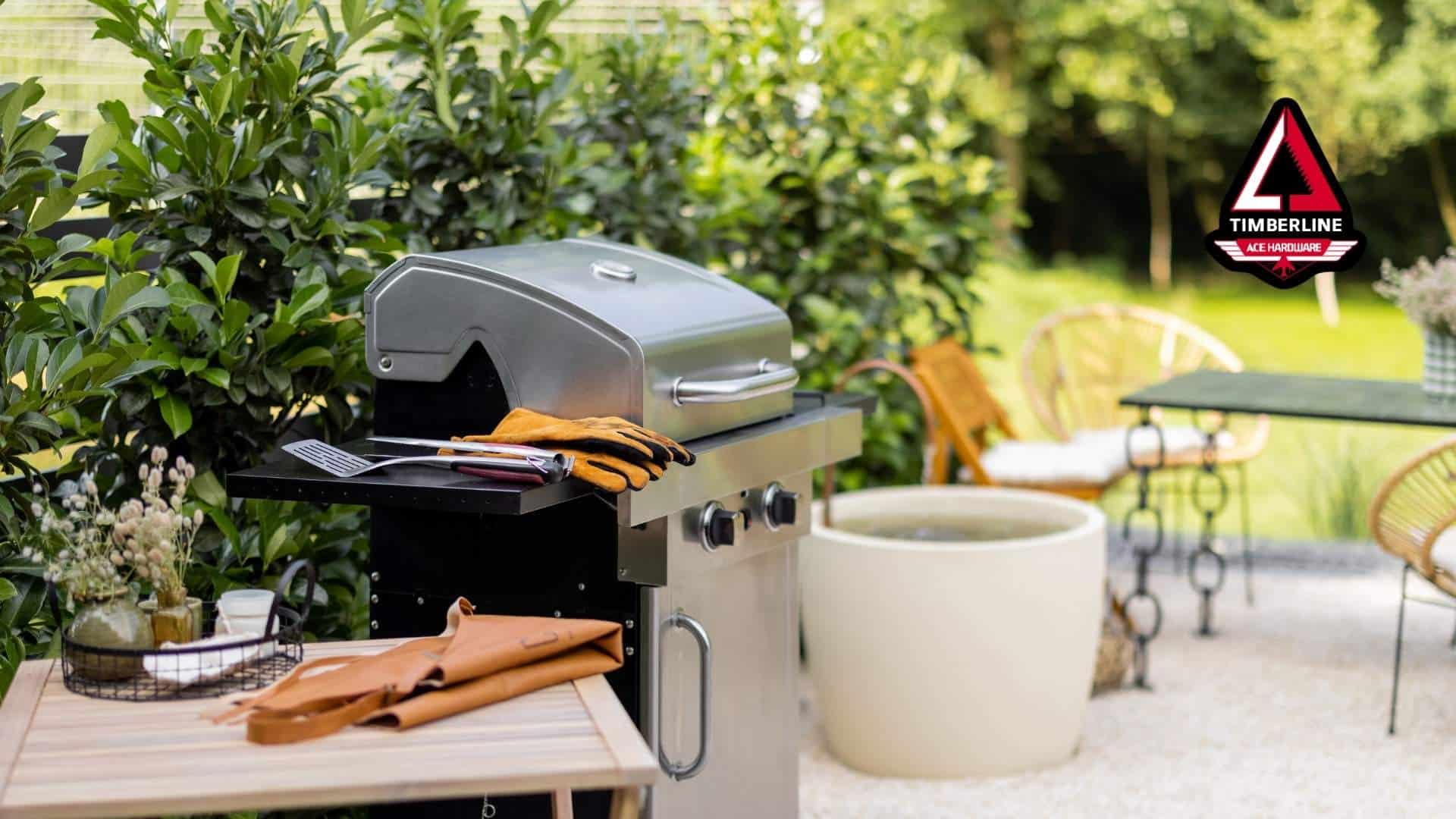 Backyard grilling setup with patio furniture and Timberline Ace Hardware branding for Colorado outdoor living inspiration