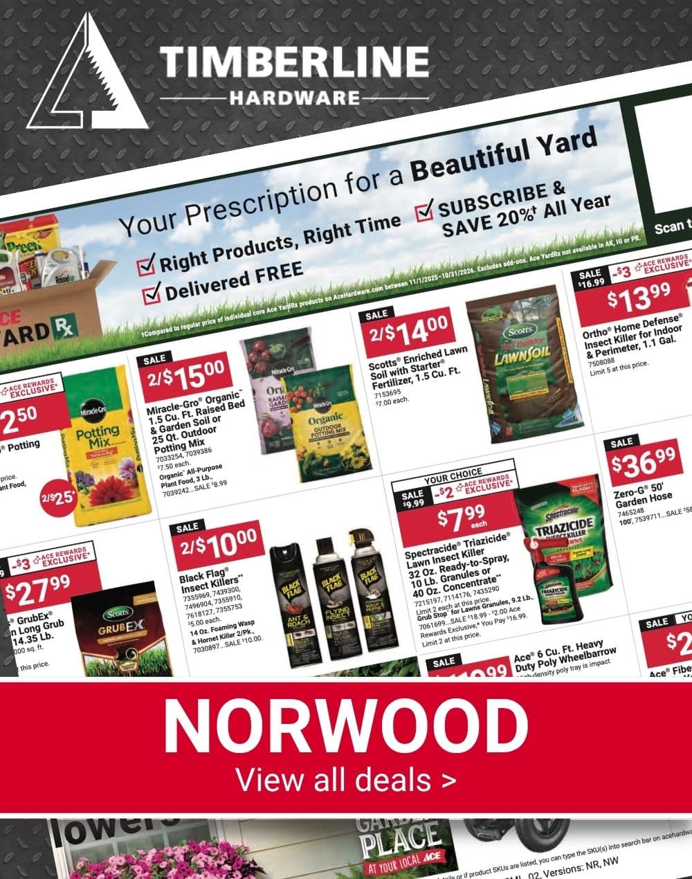 Timberline Ace Hardware Norwood Red Hot Buys featuring EGO lawn mowers, trimmers, and outdoor power equipment.