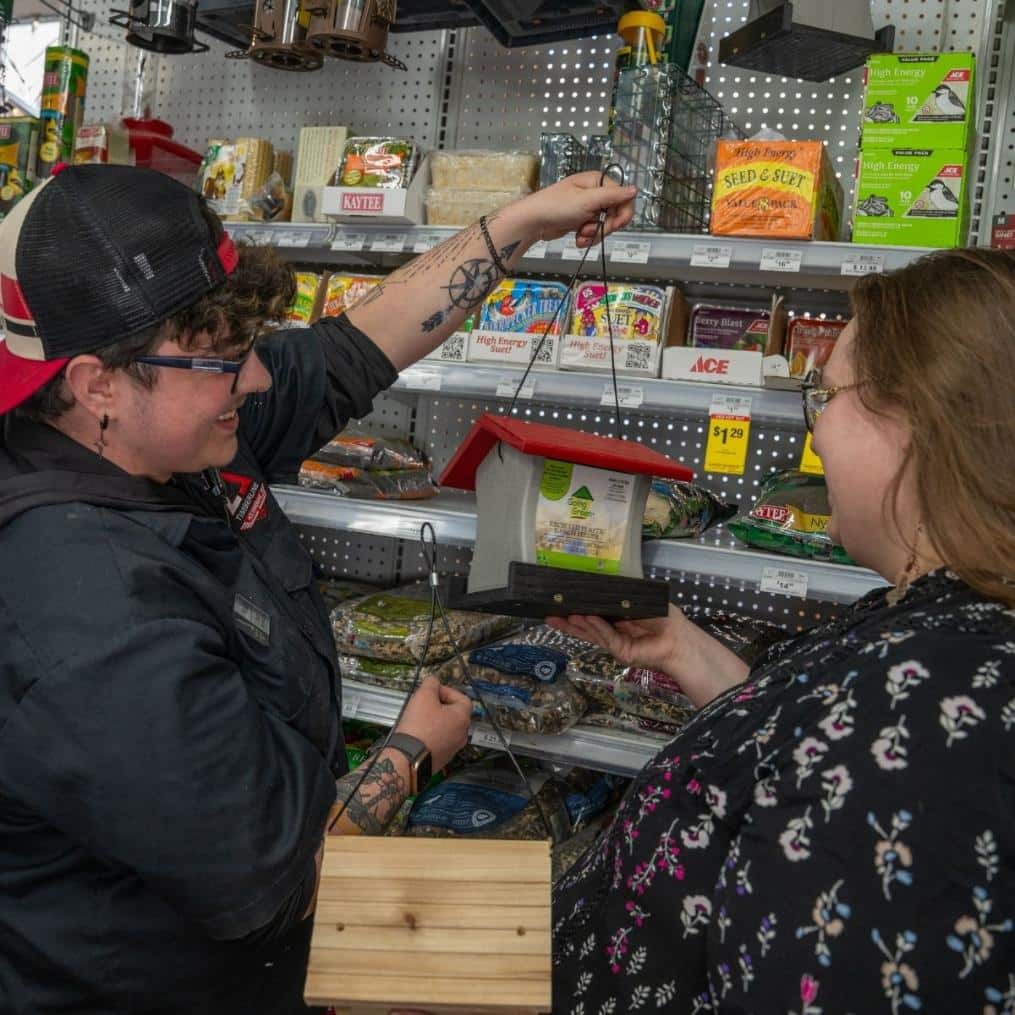 Team member showing bird feeder options to customer at Timberline Ace Hardware of Telluride