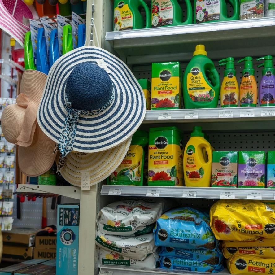 Gardening supplies and plant food display at Timberline Ace Hardware of Telluride