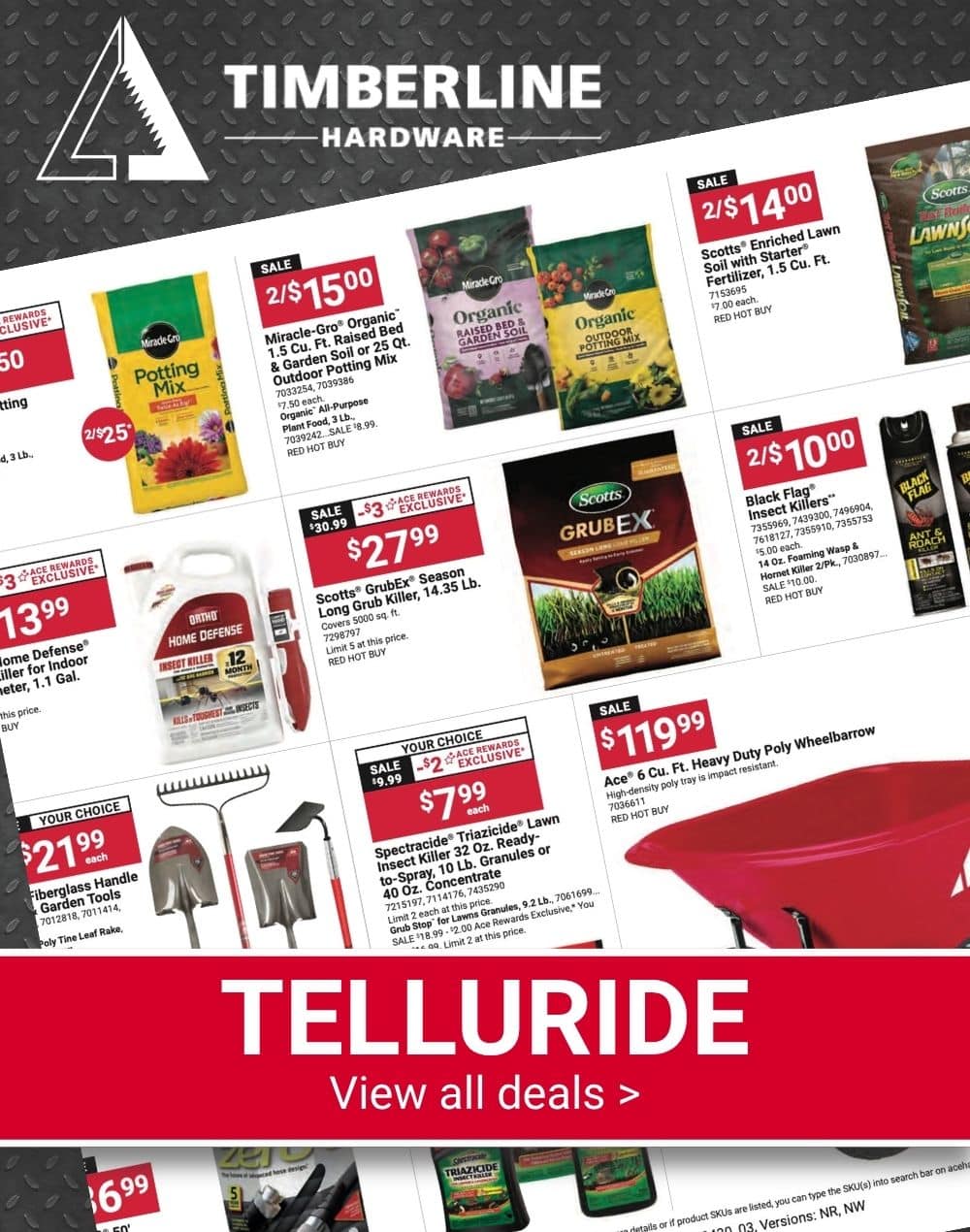 Timberline Ace Hardware Backyard BBQ Event featuring EGO lawn mowers, trimmers, and outdoor power equipment.