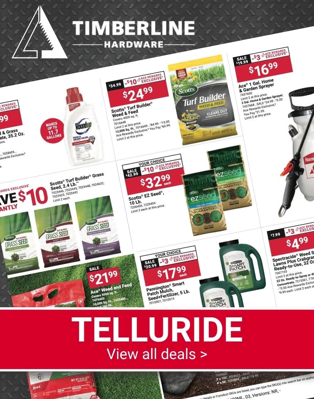 Timberline Ace Hardware Telluride Red Hot Buys featuring EGO lawn mowers, trimmers, and outdoor power equipment.