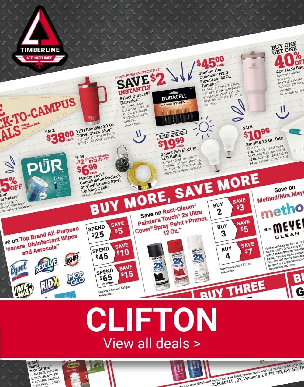 Timberline Ace Hardware Red Hot Buys ad featuring back-to-campus deals on drinkware, batteries, LED bulbs, storage totes, and household products. View all Clifton deals.