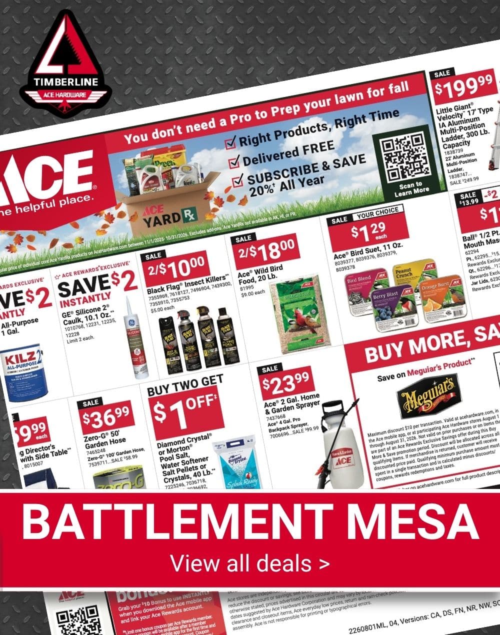 Timberline Ace Hardware Red Hot Buys ad featuring fall lawn prep, pest control, bird supplies, garden hoses, and lawn-care products. View all Battlement Mesa deals.