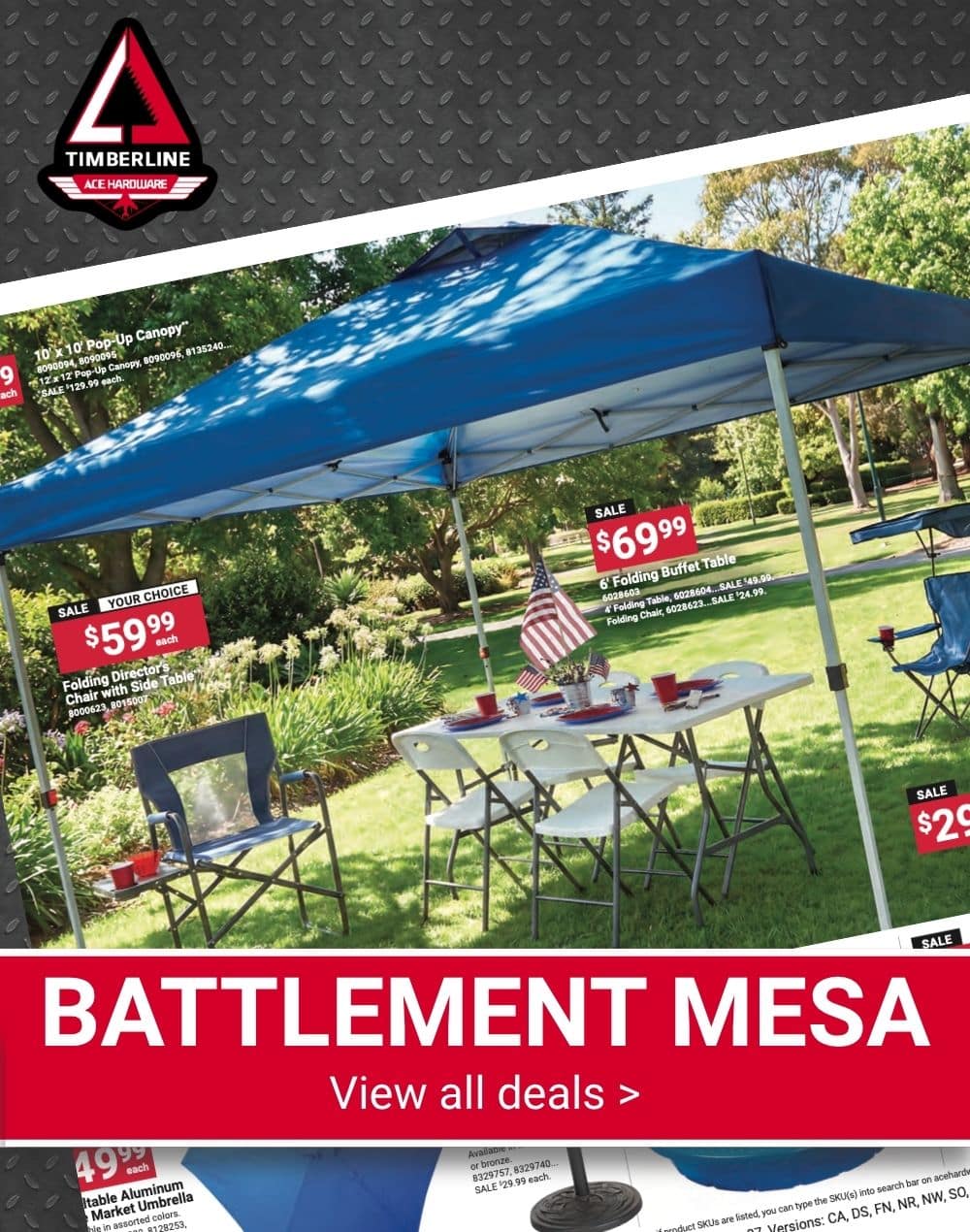 Timberline Ace Hardware promotional graphic for Battlement Mesa highlighting July outdoor living deals, including a pop-up canopy, folding chairs, folding tables, and patio essentials.
