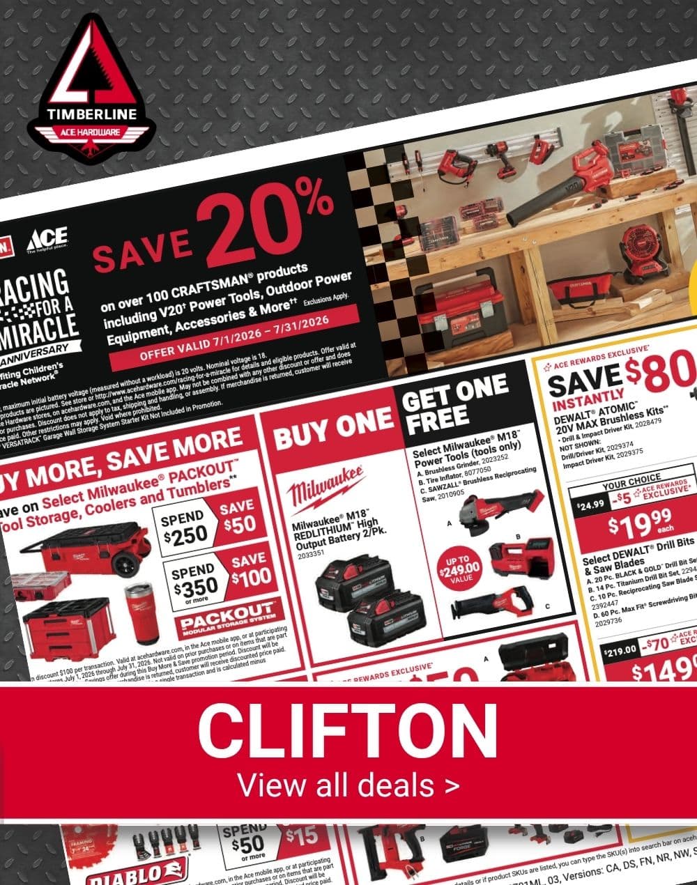 Timberline Ace Hardware promotional graphic for Clifton highlighting July Red Hot Buys on Craftsman tools, Milwaukee power tools, DeWalt accessories, Packout storage, and tool savings.