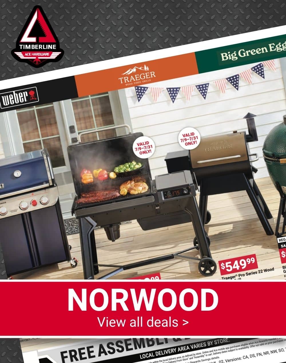 Timberline Ace Hardware promotional graphic for Norwood showing July grilling deals on Weber, Traeger, and Big Green Egg products, with a “View all deals” callout.