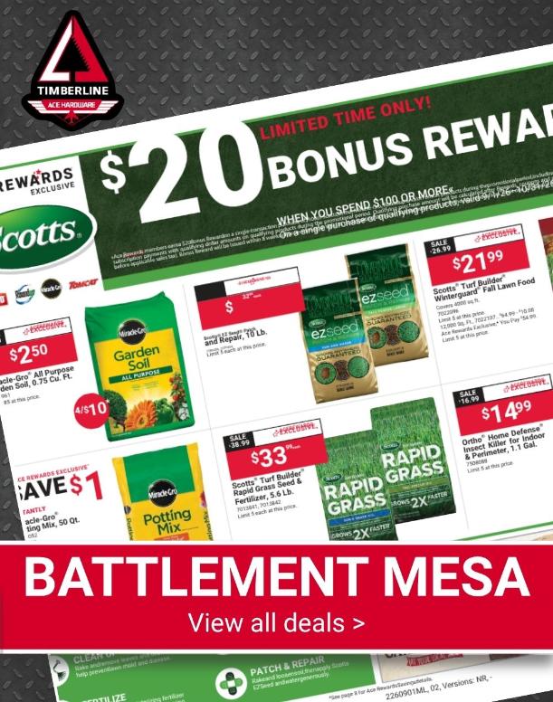 Timberline Ace Hardware Battlement Mesa flyer featuring a $20 Ace Rewards bonus and sale prices on grass seed, soil and lawn care products.
