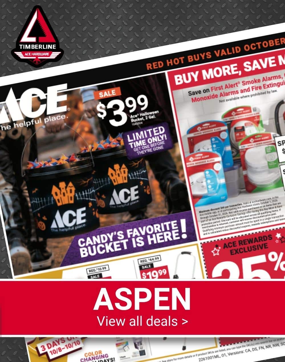 Timberline Ace Hardware Aspen Red Hot Buys flyer featuring Weber grills, outdoor cooking products and flash deals.