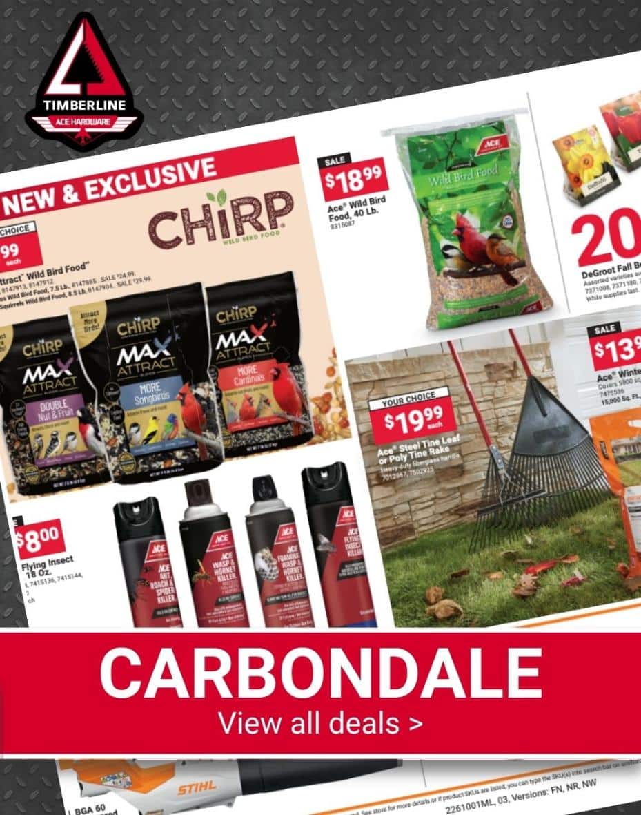 Timberline Ace Hardware Carbondale flyer featuring sale prices on bird seed and fall yard.