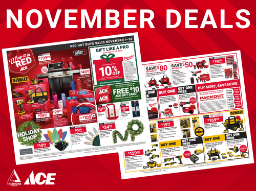 November Red Hot Buys 2026 sale graphic for Timberline Ace Hardware featuring monthly savings from November 1 through November 30.