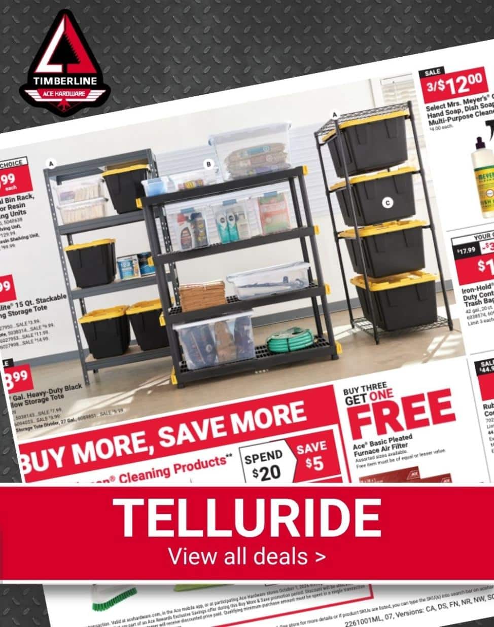Timberline Ace Hardware of Telluride October Red Hot Buys featuring organizational solutions.